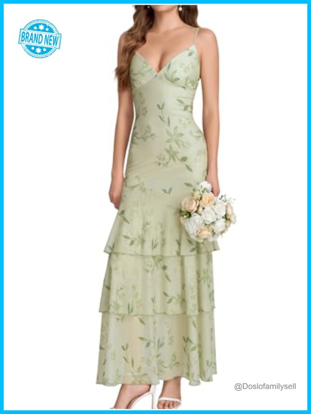 Floral Mesh Bodycon Maxi Dress V-Neck Spaghetti Strap Ruffle Tiered